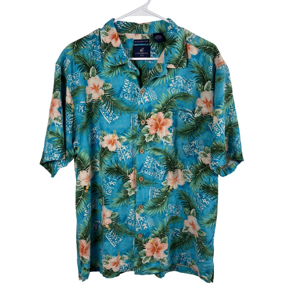Caribbean Joe Silk Aloha Shirt L Blue Tropical Floral Hawaiian Cruise Resortwear